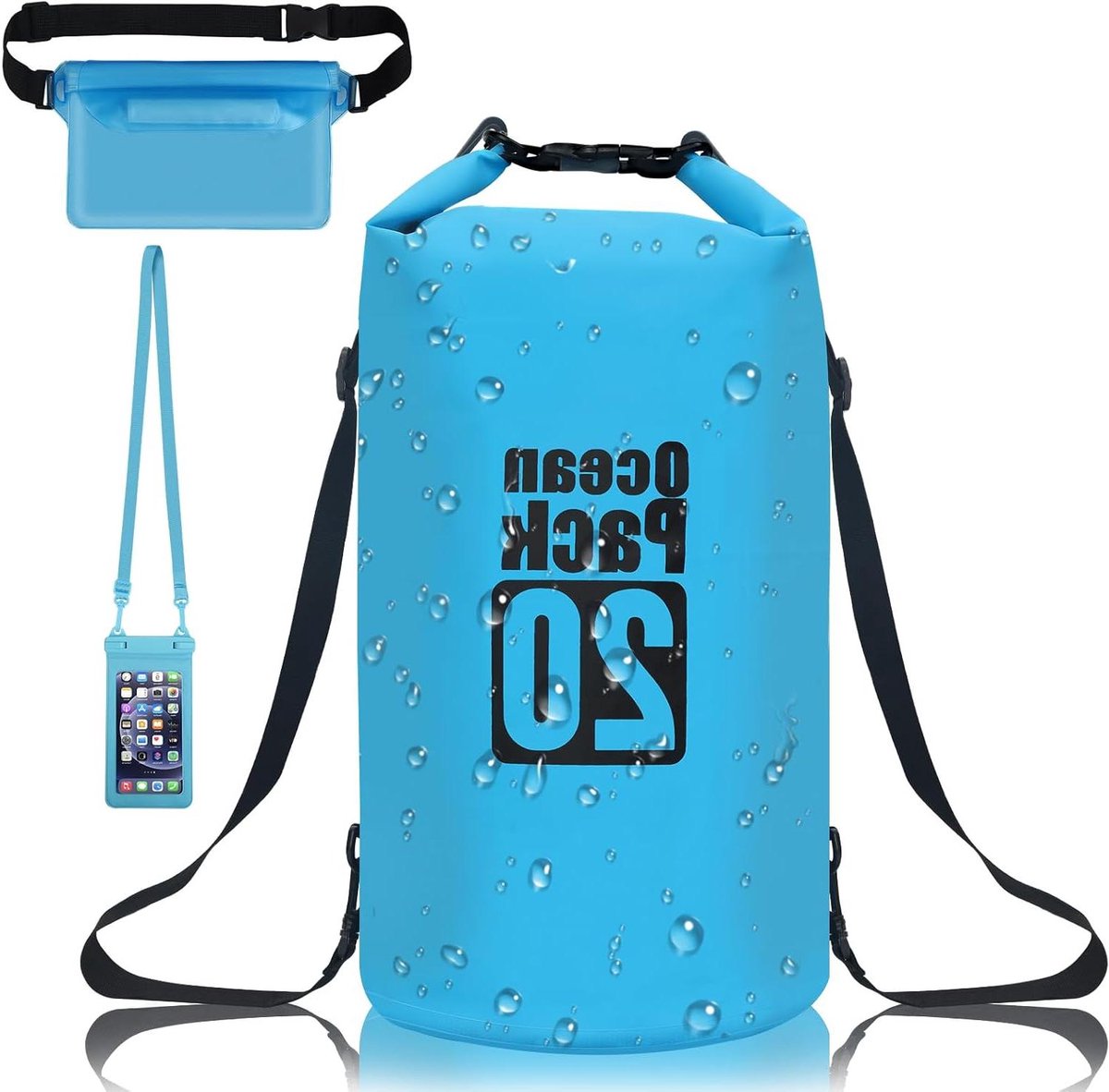 20 l Waterdichte Dry Bag met verstelbare dubbele schouderriem - Inclusief smartphonetas en banaan - Ideaal voor zwemmen, kajakken, reizen, fietsen en surfen (blauw)