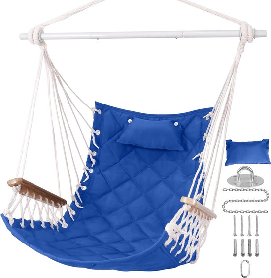 SUNWAY Hangstoel Met Houten Armleuningen En Kussen – 350 Kg Capaciteit, Binnen/buiten, Incl. Hangkit – Voor Terras, Slaapkamer, Veranda