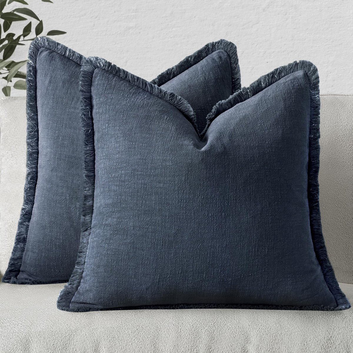 2 stuks - Gewassen katoenen kussensloop met kwastjes - 45x45 cm blauw - Boho sierkussenhoezen van zacht effen katoen - Voor bank, woonkamer of slaapkamer - Alleen kussenslopen, geen binnenkussen inbegrepen