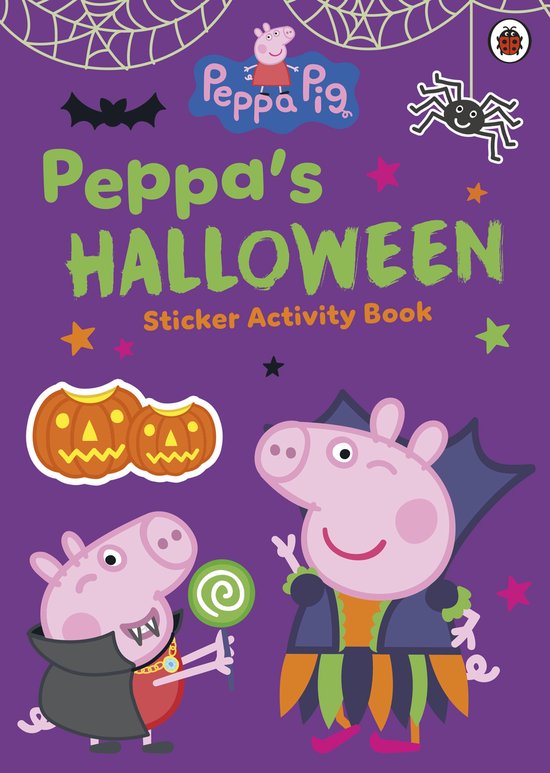 Livre d'activités autocollantes Peppa's Halloween avec Peppa Pig en costume de vampire et son frère George en vampire avec une sucette.