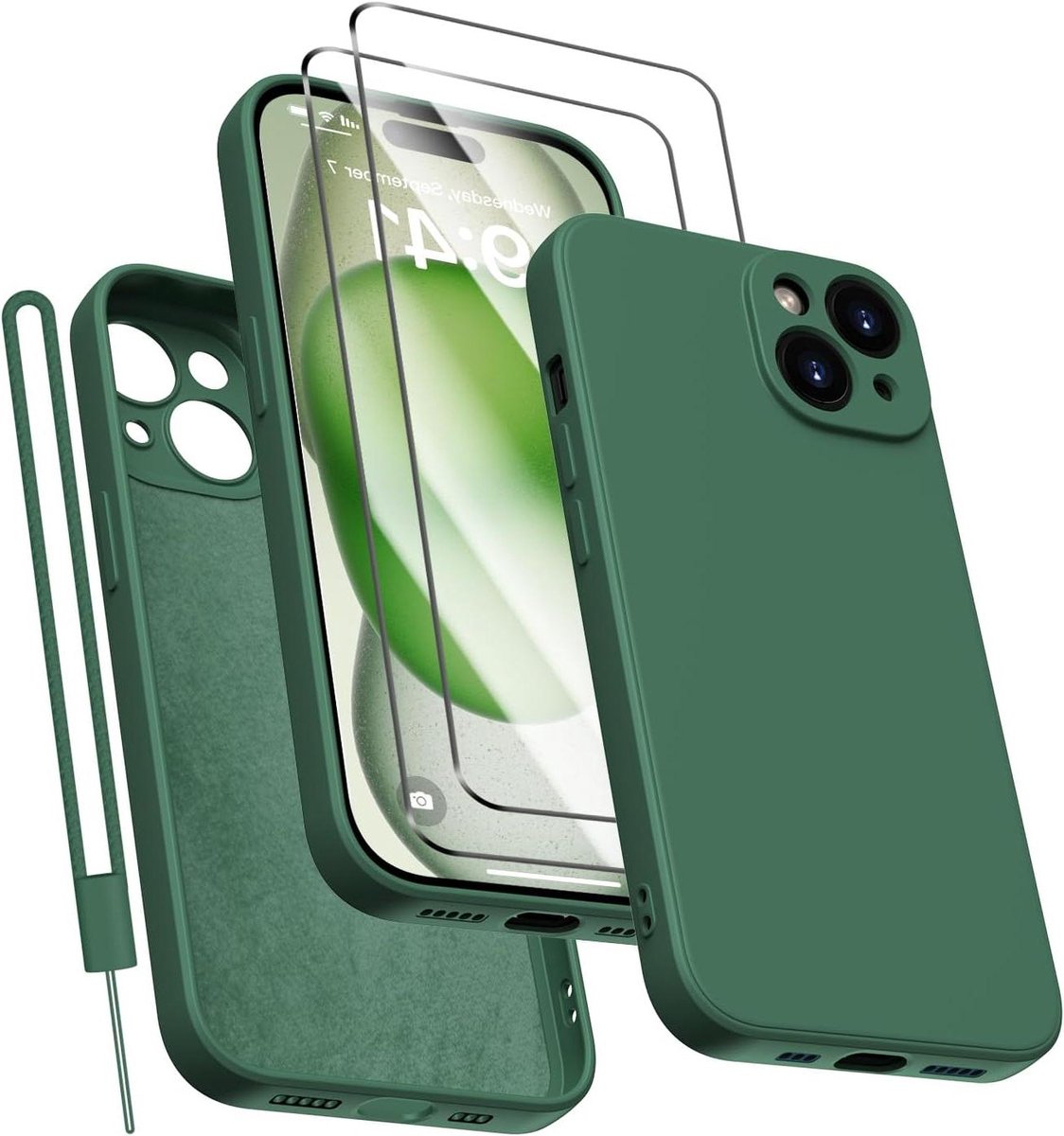 Allecto Plus - Siliconen hoes en 2 stuks pantserfolie voor iPhone 15 Plus - Dunne beschermcase met microvezelvoering - Krasbestendig en stootvast