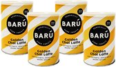 Vier blikken BARÚ Golden Chai Latte met strepenpatroon van geel en wit. Elk blik toont 'Surreally BARÚ Good Treats' en 'Golden Chai Latte'.