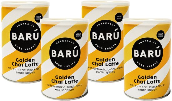Quatre boîtes de BARÚ Golden Chai Latte avec un motif rayé jaune et blanc. Chaque boîte indique 'Surreally BARÚ Good Treats' et 'Golden Chai Latte'.