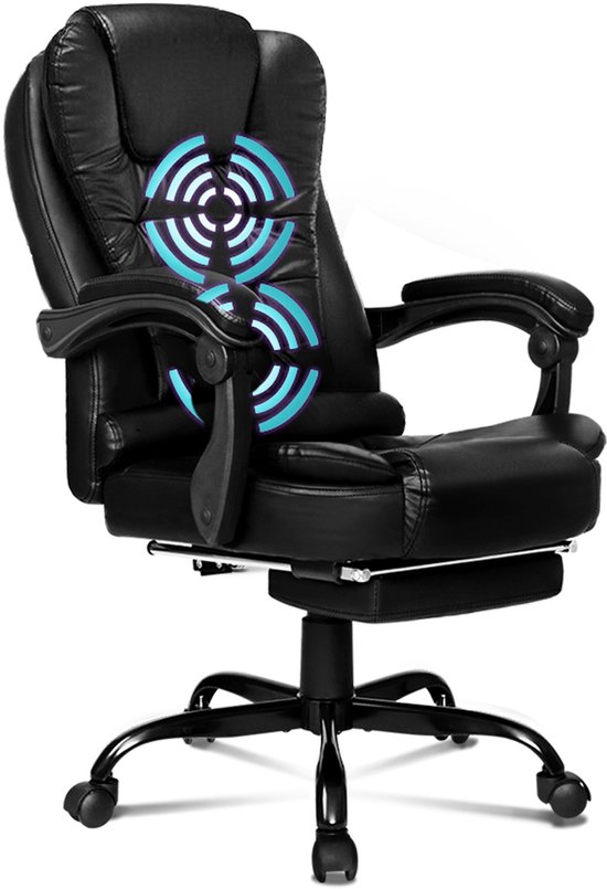 Computer/gaming bureaustoel, stoel met hoge rugleuning en lendensteun, zwenkwielstoel, 1 stuk, leer, intrekbare voetsteun, 5 massagemodi, USB-poort