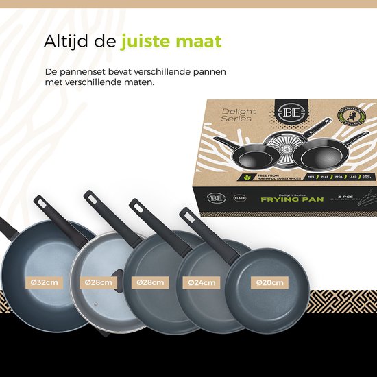 Vijf koekenpannen in verschillende maten (Ø 32cm, 28cm, 28cm, 24cm, 20cm), alle met zwarte handvatten.