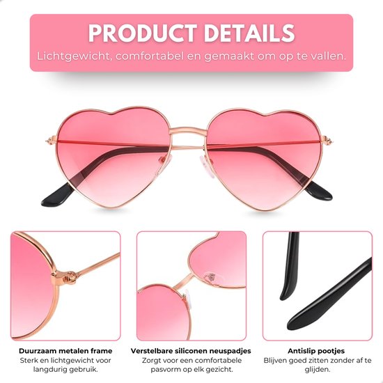 Productdetails van roze hartvormige zonnebril: duurzame metalen frame, verstelbare siliconen neuspadjes, antislip pootjes.