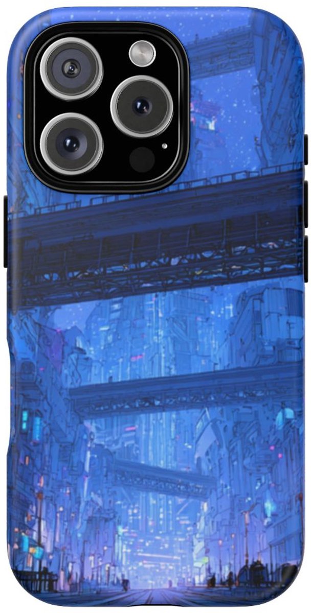 Futuristische Blauwe Stadsstraat – Telefoonhoesje Geschikt voor iPhone 16 Pro