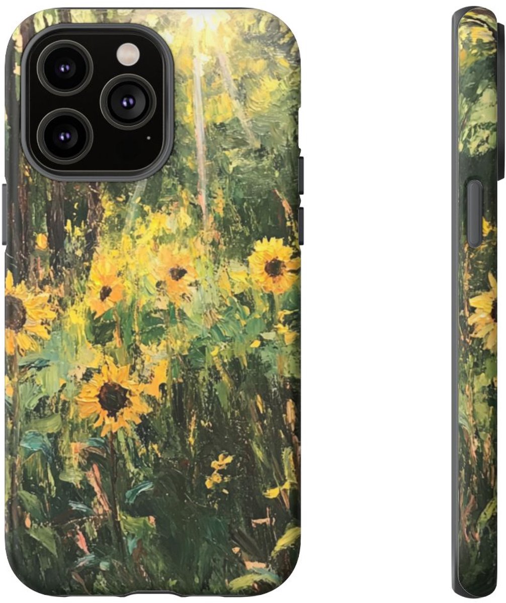 Stralende Zonnebloemen in Bos – Telefoonhoesje Geschikt voor iPhone 14 Pro Max