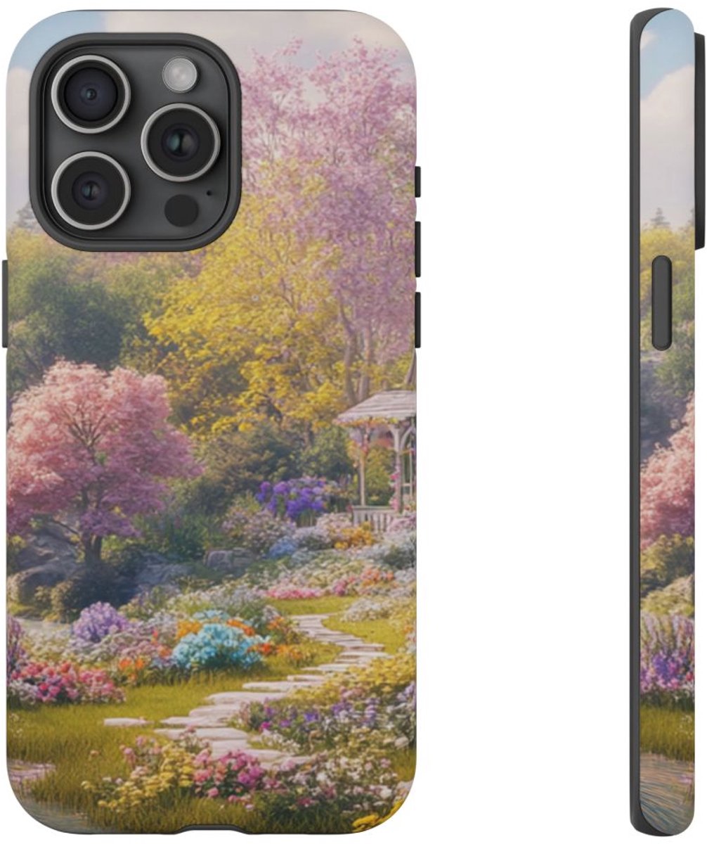 Bloemrijke Tuin met Waterval – Telefoonhoesje Geschikt voor iPhone 15 Pro Max