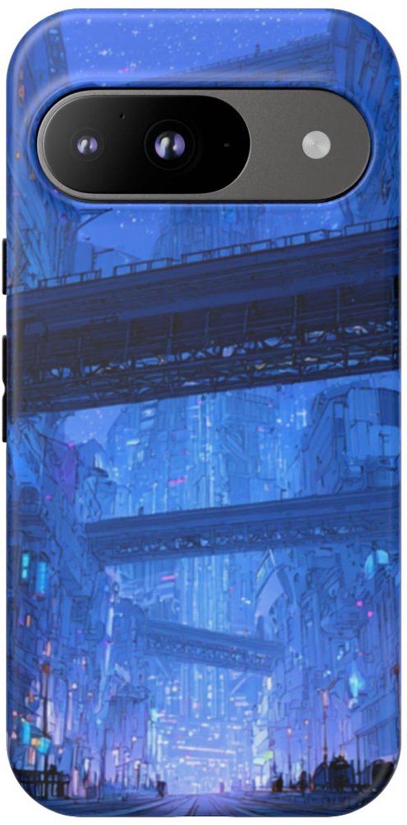 Futuristische Blauwe Stadsstraat – Telefoonhoesje Geschikt voor Google Pixel 9