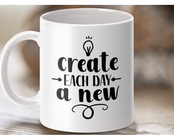 motiverende mok, inspiratie cadeau, kunstenaar mok, creatief cadeau, nieuwe mok, creëer elke dag, nieuwe dag ideeën, creatievelingen mok, positieve boodschap, artiesten cadeau, inspiratie mok, creatieve geest, ideeën mok