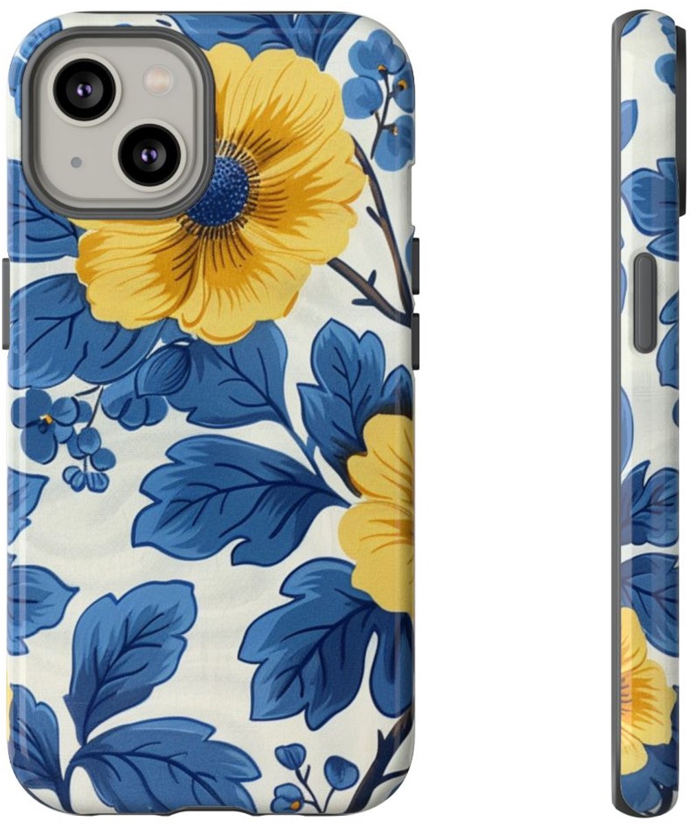 Blauw-Geel Bloemenpatroon – Telefoonhoesje Geschikt voor iPhone 14