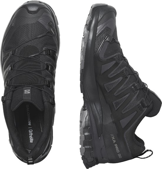 Zwarte Salomon XA Pro 3D V9 Gore-Tex heren wandelschoenen, voor- en zijaanzicht.