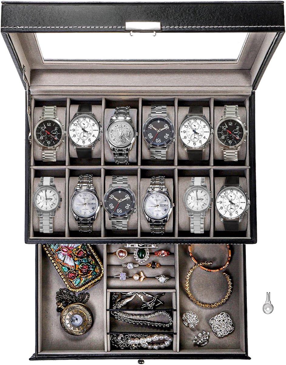 Tebery Watch Box with 12 Slots Lockable with Glass Lid, 2 Layers Watch Holder Organizer Display with 1 Drawer for Rings and Bracelets, Gift for Boyfriend, Fathers Day, Birthday Gifts (Black)