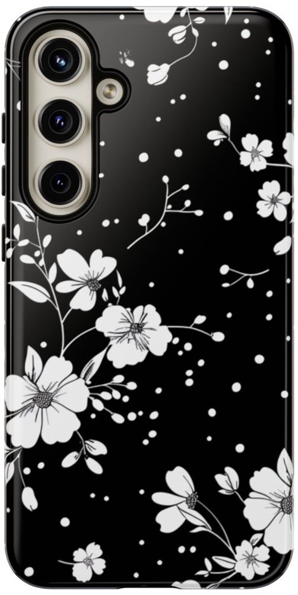 Zwart-Wit Bloemenpatroon – Telefoonhoesje Geschikt voor Samsung Galaxy S24 Plus