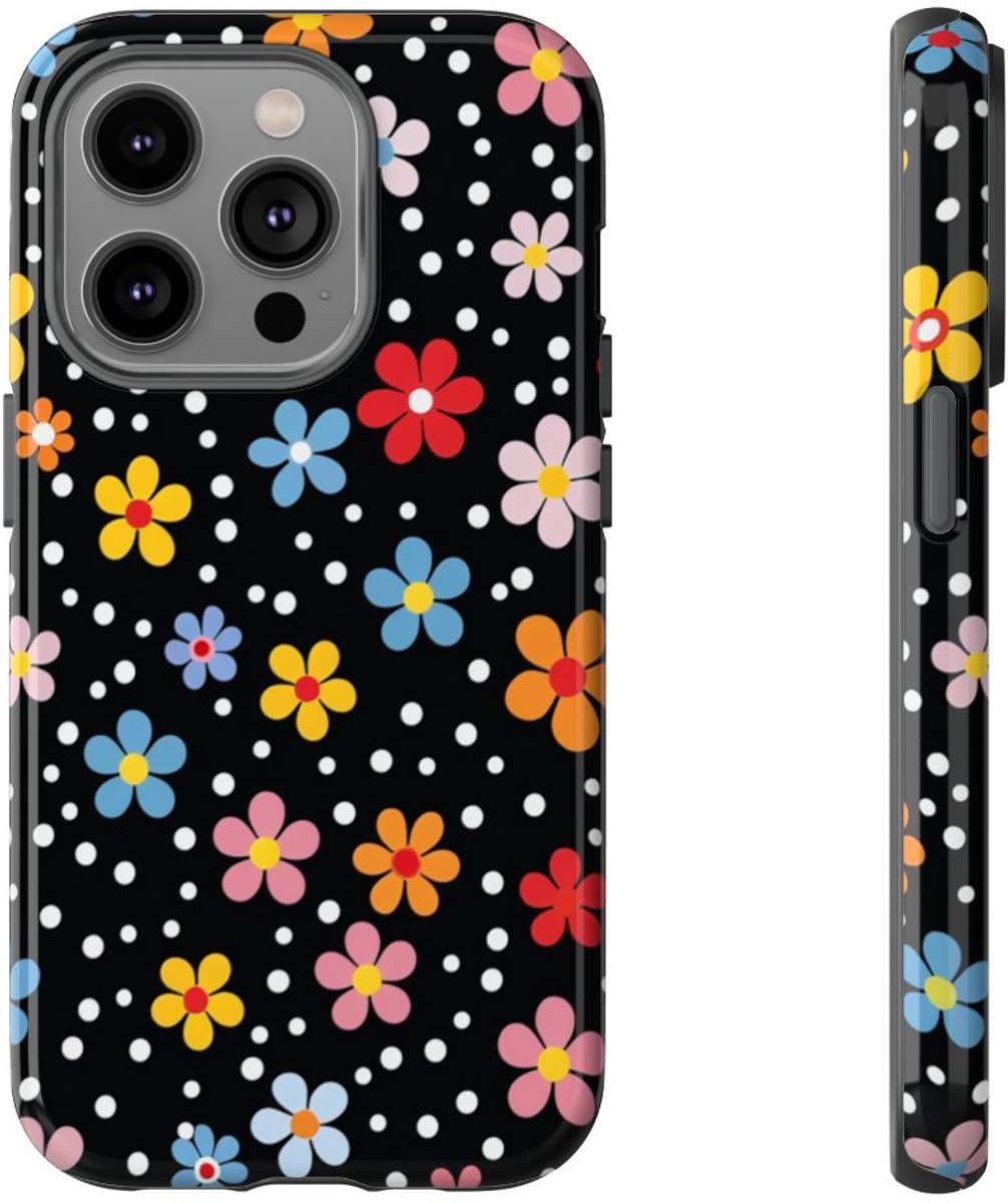 Vrolijk Bloemen- en Stippenpatroon – Telefoonhoesje Geschikt voor iPhone 14 Pro