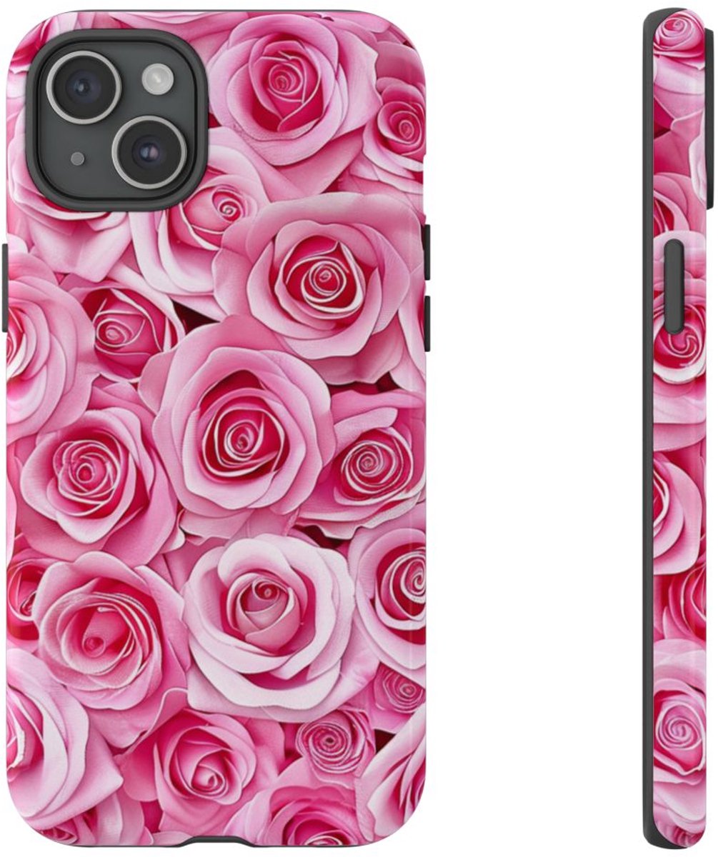Roze Rozenpatroon – Telefoonhoesje Geschikt voor iPhone 15 Plus