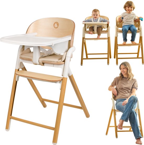 Chaise haute en bois Lionelo Celia 3 en 1 – De Bébé à adulte – Siège et repose-pieds réglables – Harnais 5 points – Revêtement en Eco– Comprend BabySet et plateau – Capacité de charge jusqu'à 90 kg