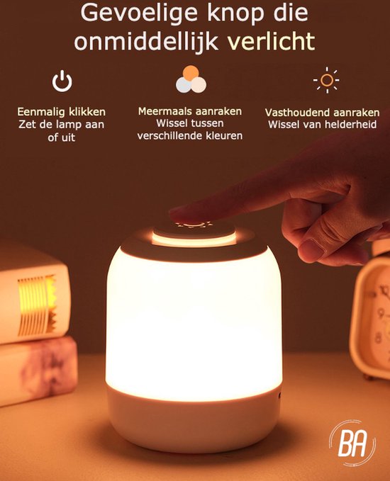 Best Active Touch Nachtlampje - Dimbaar en Oplaadbaar via USB-C - Draadloze Nachtlamp - 3 Lichtkleuren - LED - Camping Lamp - Tafellamp - Slaapkamer Lamp - Leeslamp - Wit van Merkloos — afbeelding 4