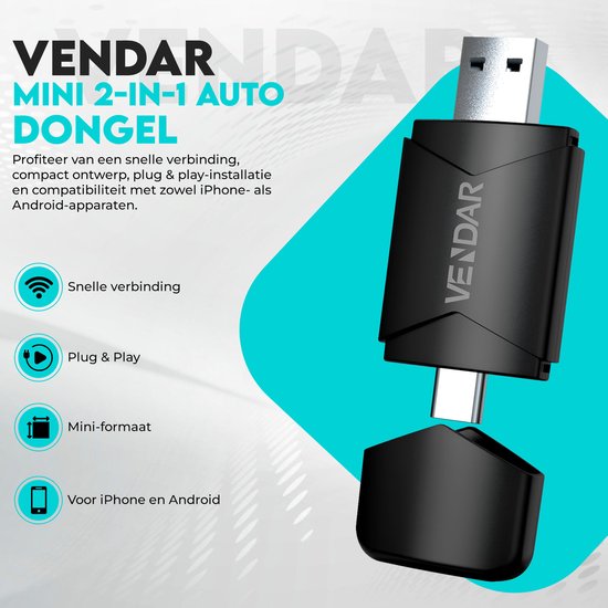 Vendar® PRO Mini 2-in-1 Car Dongle - CarPlay Dongle - Android Auto Dongle - Draadloos CarPlay & Android Auto - Zwart van Vendar — afbeelding 3