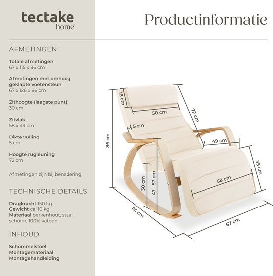 Afmetingen van een crèmekleurige schommelstoel met houten frame. Tekst: tectake home Productinformatie.