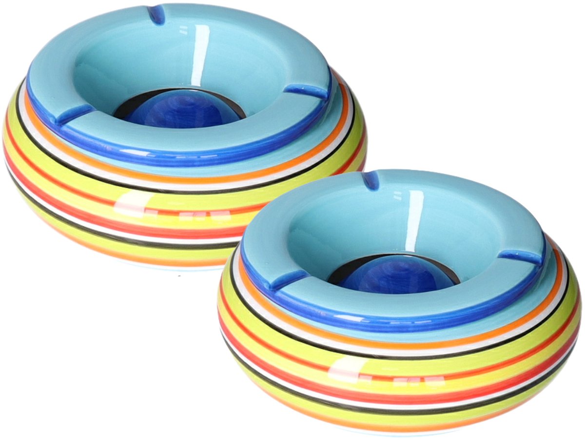Goedkoopste 2x stuks asbak in mooie blauwe kleuren combinatie van 19 cm