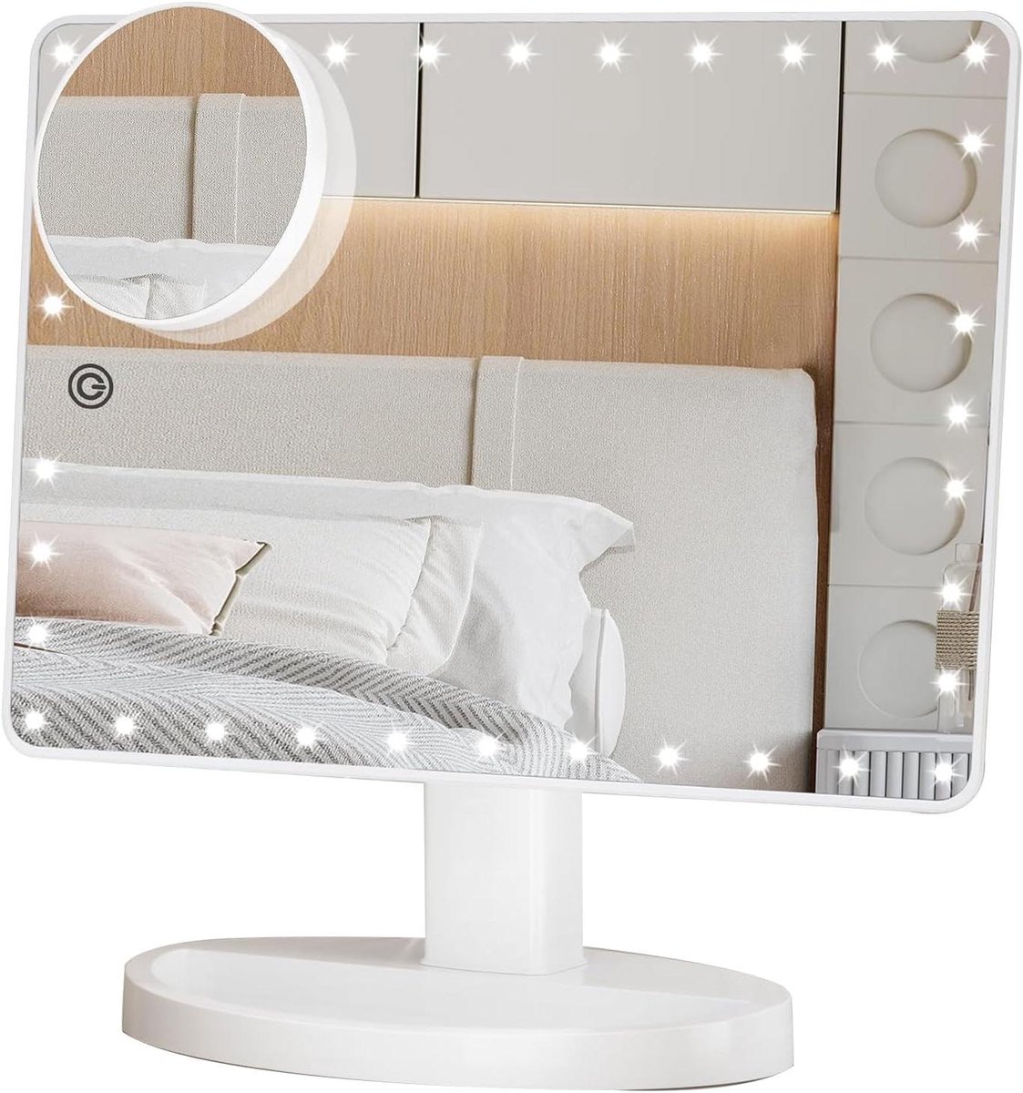 Large Illuminated Vanity Makeup Mirror with 35 LED Lights Touch Screen Dimmable and 10x Magnification Mirror Double Power Supply 360°Rotation Tabletop Cosmetic Mirror
