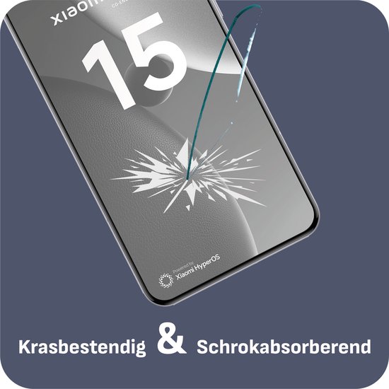 Xiaomi 15 Ultra telefoon met gebroken glasbescherming, tekst 'Krasbestendig & Schokabsorberend'.