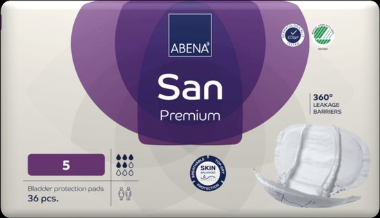 Abena San Premium 5 incontinentieproducten verpakking. Grote paarse cirkel, met keurmerken en productafbeelding.