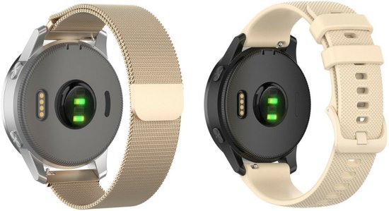 Bracelet milanais Strap-it + Bracelet Siliconen - Bracelet milanais et silicone adapté pour Garmin Vicoactive 4s / Garmin Venu 2s / Garmin Vivomove 3s - Milanais champagne doré & Siliconen beige