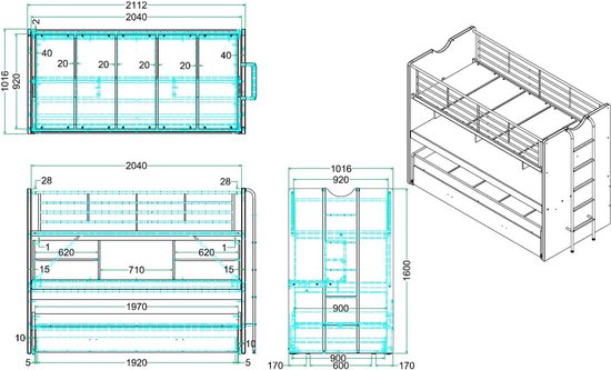 Lit mezzanine Bonny 80 avec bureau et tiroir de lit - gris - Vipack - Lits mezzanines avec bureau - Gris - Métal|Panneaux de particules - Lits mezzanines avec bureau