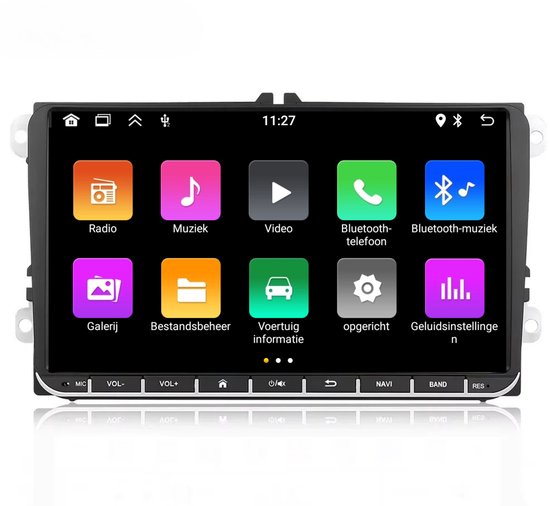 Zwart autoradio scherm met apps voor Radio, Muziek, Video, Bluetooth.