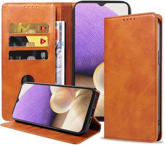 Etui en cuir Smartphonica Samsung Galaxy A32 5G avec fermeture magnétique et porte-cartes – Marron / Cuir / étui livre