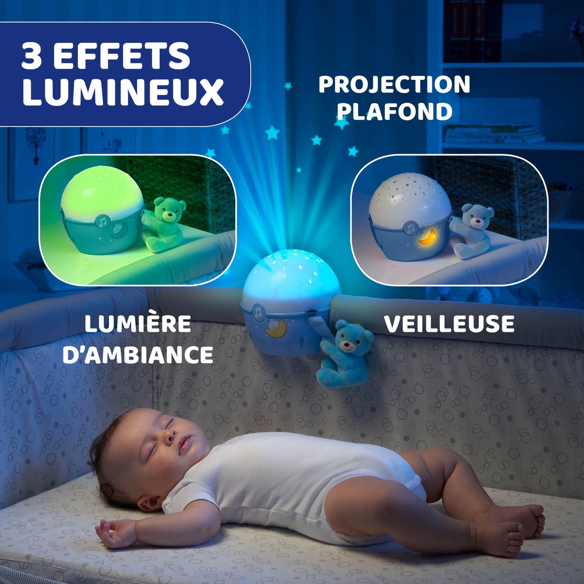 Chicco - Projectielamp Next2Stars - Sterrenprojector voor Baby - Sfeerlicht en Muziek - Voor Babybed of Reiswieg - Inclusief Knuffelbeertje - Blauw : Chicco