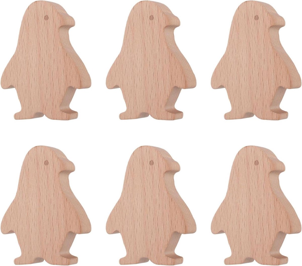 Houten Pinguïns Meubelknoppen 6 stuks - Kinderkamer Decoratie met Schroeven - Unieke Vorm - Slaapkamer Accessoires