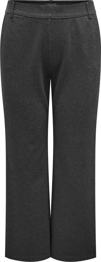 Donkergrijze wijde broek met rechte pijpen, gezien van voren.