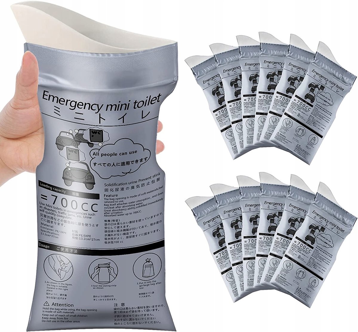 12 x Noodauto urinezakken - Wegwerp urinefles - 700 ml - Noodreis toilet urinezak - Lekvrij - Hoge absorptie - Geschikt voor auto, reizen