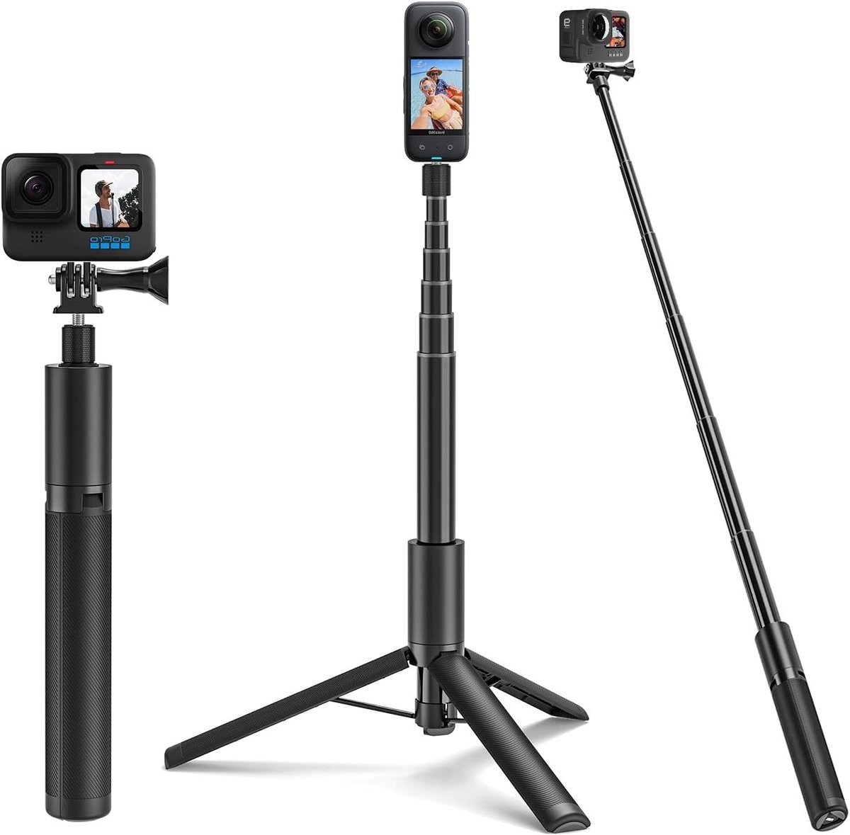 Allecto Premium - Selfie Stick Tripod Monopod voor GoPro en Insta360 - Verlengbaar tot 120CM - Draagbare Vlog Houder en Statief - Accessoires voor GoPro Hero - Insta360 - DJI Osmo Action - Ideaal voor selfies en vlogs
