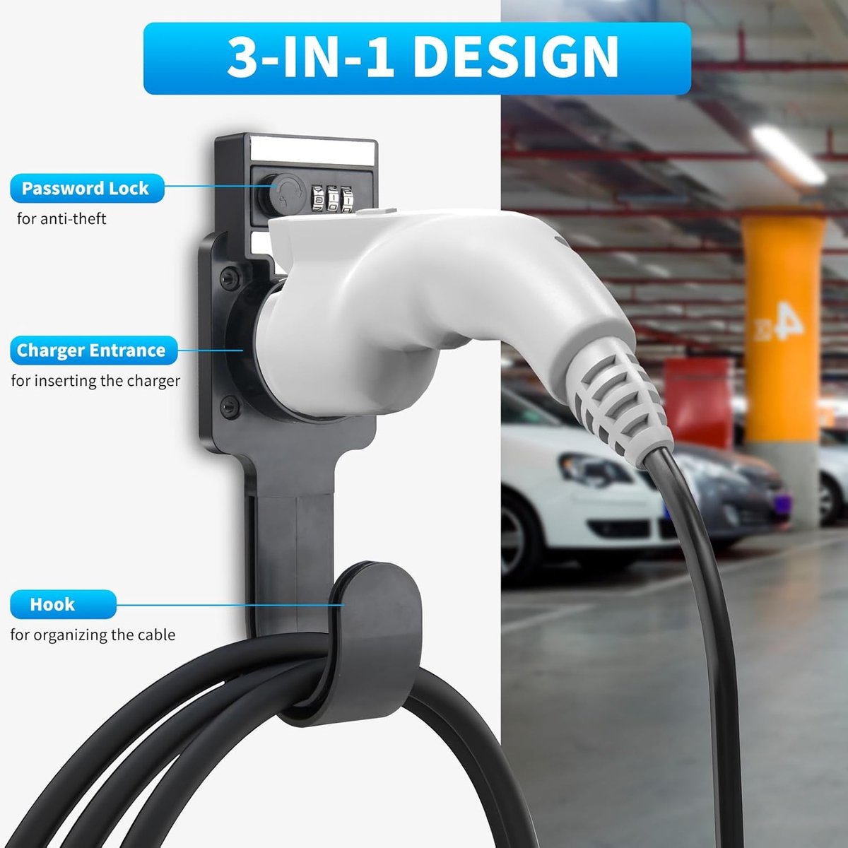 J&D EV Type 2 Laadkabelhouder Met Haak – Muurbeugel Voor Oplaadkabel – ABS Kunststof – Geschikt Voor Tesla, Renault ZOE, Kona, ID.3/4 En Meeste EU Type 2 EV's