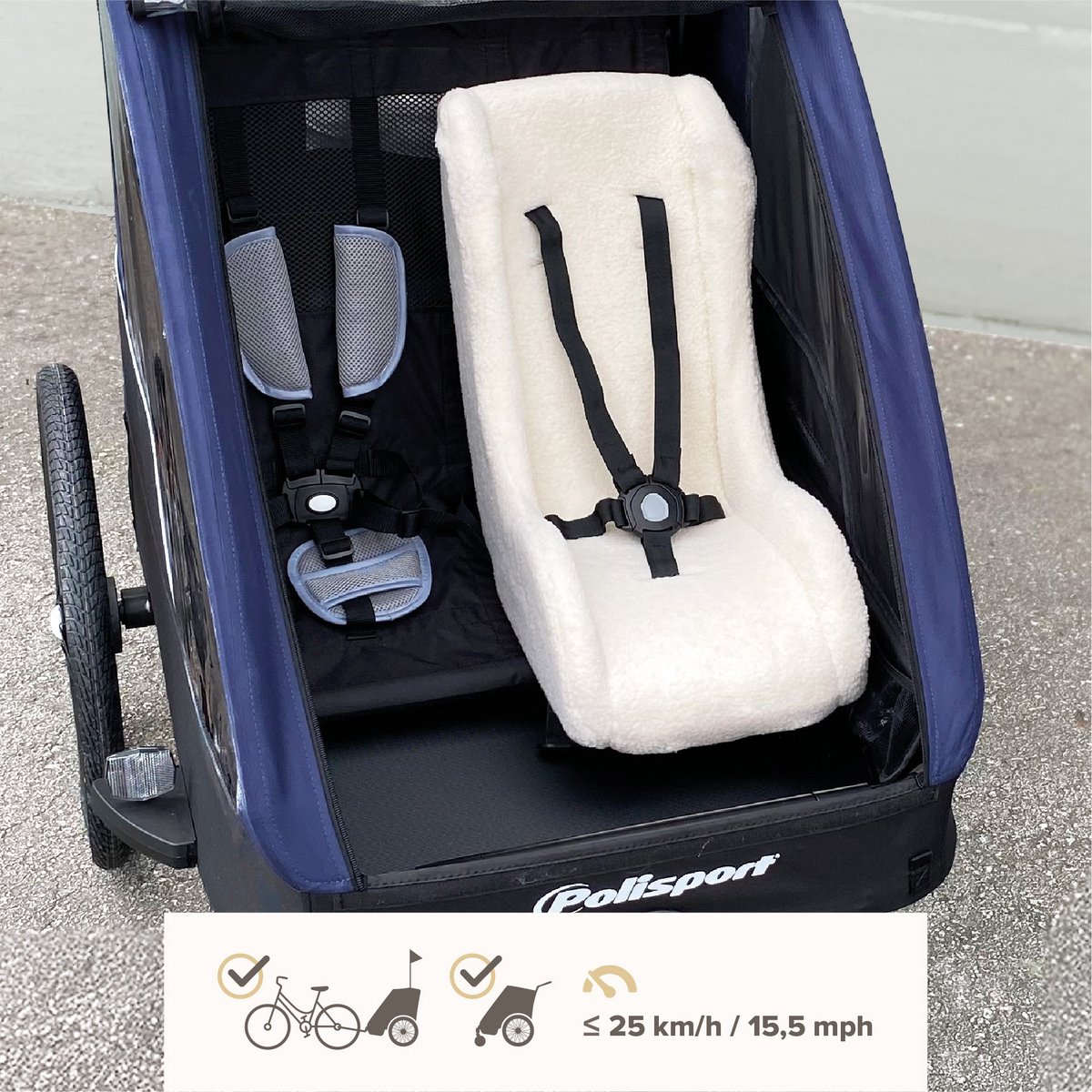 Réducteur De Siège Bébé Polisport Mini Pelican - Pour Remorque, Poussette, Vélo Cargo - Sans Harnais (7-18 Mois) - Housse Polaire - Noir