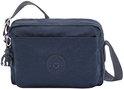 Donkerblauwe Kipling schoudertas met een voorvak, Kipling-logo en een grijze aap-sleutelhanger.