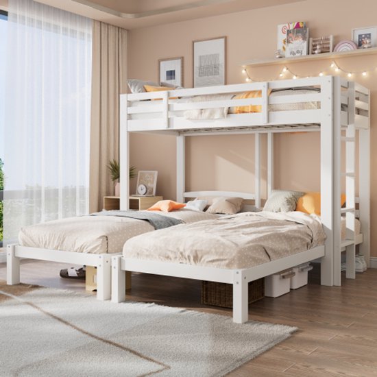 Driepersoons stapelbed voor kinderen,90x200cm,stapelbed voor drie personen,met zijladder,driepersoonsbed,lattenbodem,valbescherming,wit