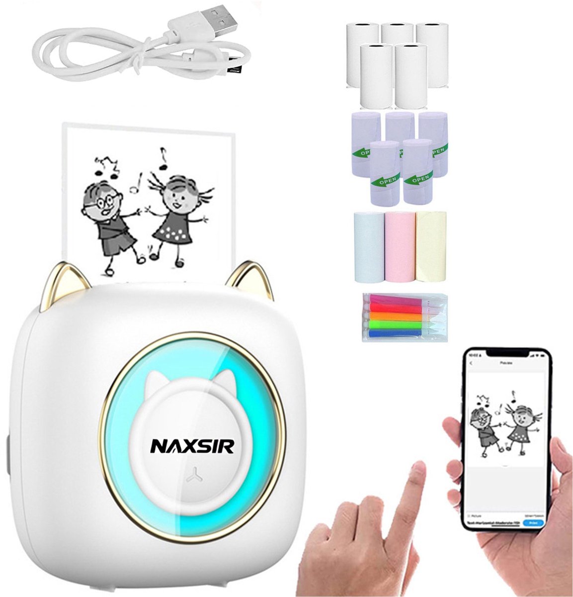 NAXSIR Mini Bluetooth Printer - Draadloze Thermische Stickerprinter - Compacte Mobiele Printer voor Labels, Notities & Fotoprints