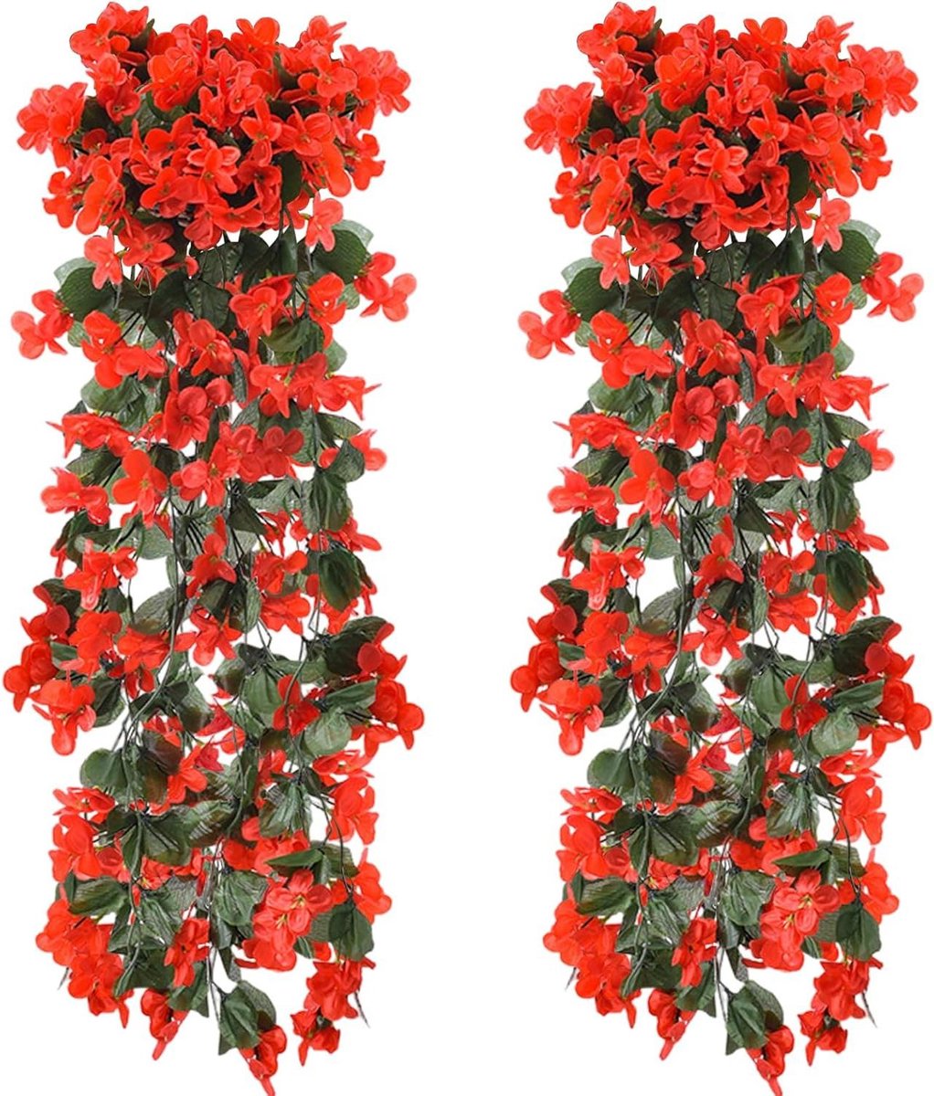 2 stuks Kunstbloemen Hangend Rood 70 cm Voor Buiten en Binnen - Pansies Ivy en Wisteria voor Tuin en Bruiloften