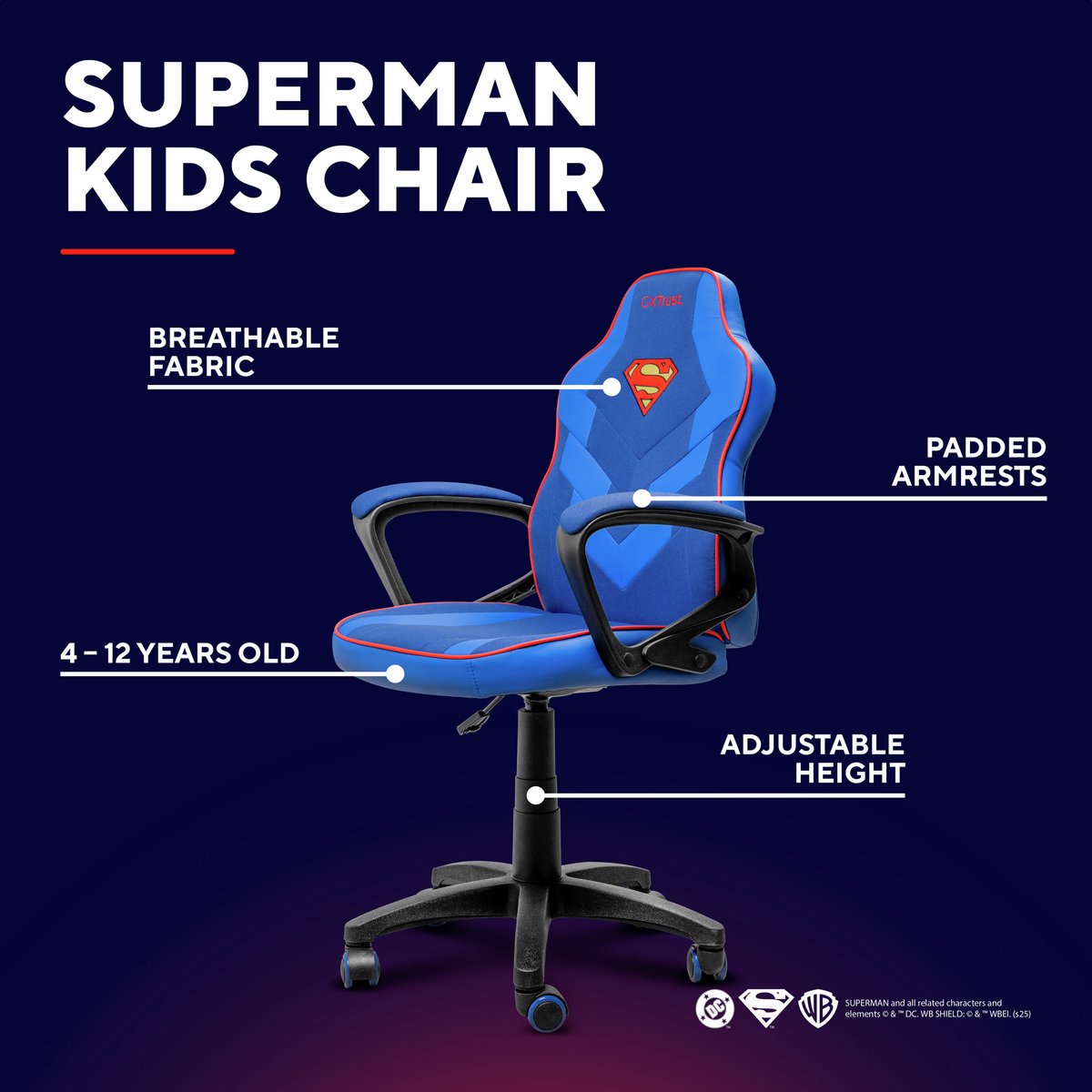 Afbeelding 3 van Trust GXT 703SM Revvo - Kinder Gaming Stoel Superman Editie - Kinder Bureaustoel - Blauw