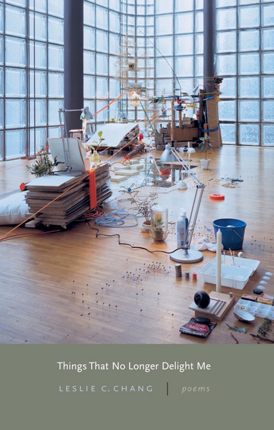 Boekomslag met de titel 'Things That No Longer Delight Me' en 'LESLIE C. CHANG | poems' op een houten vloer met een kunstinstallatie.