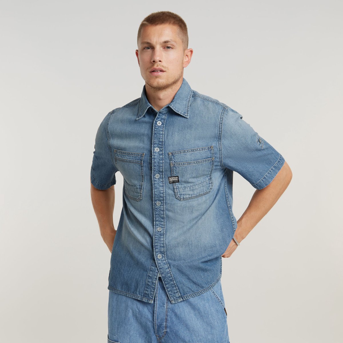 G-Star Slanted double pocket regular shirt ss Heren Shirts Sun Faded Thames