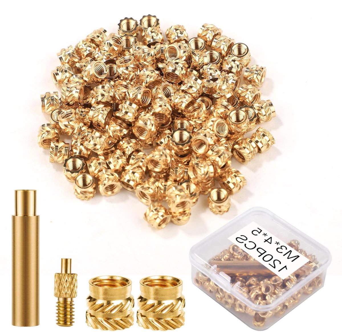 Image of 120 stuks messing moeren M3x4x5mm met schroefdraadinzetstukken Set 3D-geprinte heat set-inzettip voor M3 & 1 lasadapter Compatibel met SP40NUS- en T18-ijzers