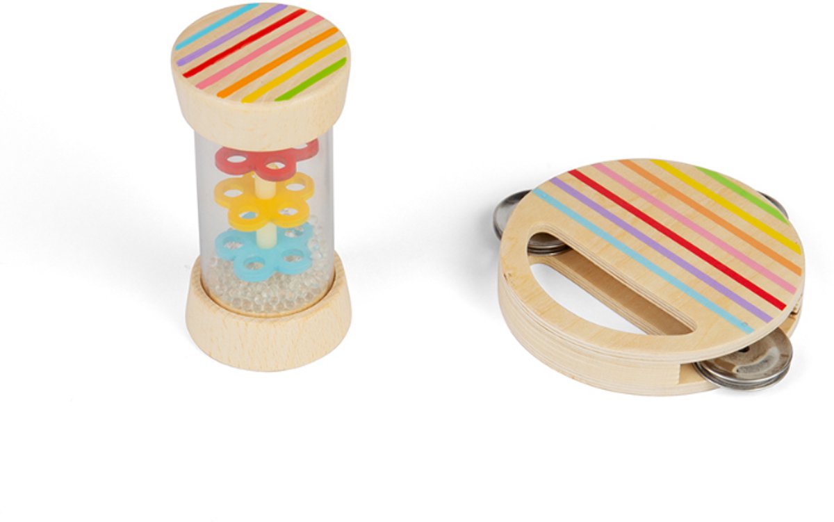 BigJigs houten muziekinstrumenten Shake & Roll set voor kinderen.