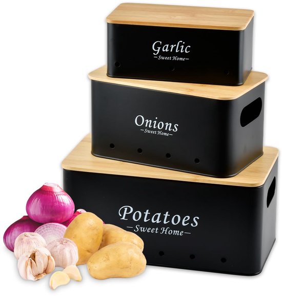Avmvnvc Aardappelopbergdoos, set van 3 aardappelopslag, uienpot en knoflookpot, aardappelcontainer, uienopslag, houdt groenten langer vers (zwart, vierkant